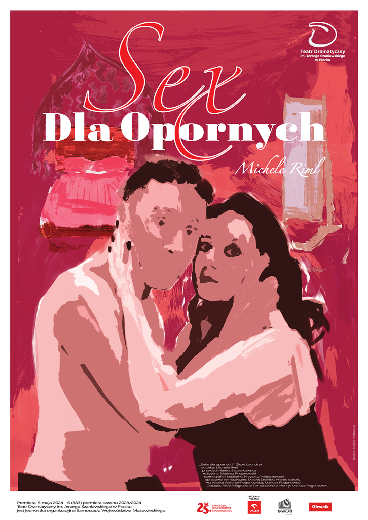 Mariusz Pogonowski i Magdalena Tomaszewska w objęciach. Całość plakatu utrzymana w różowej kolorystyce.