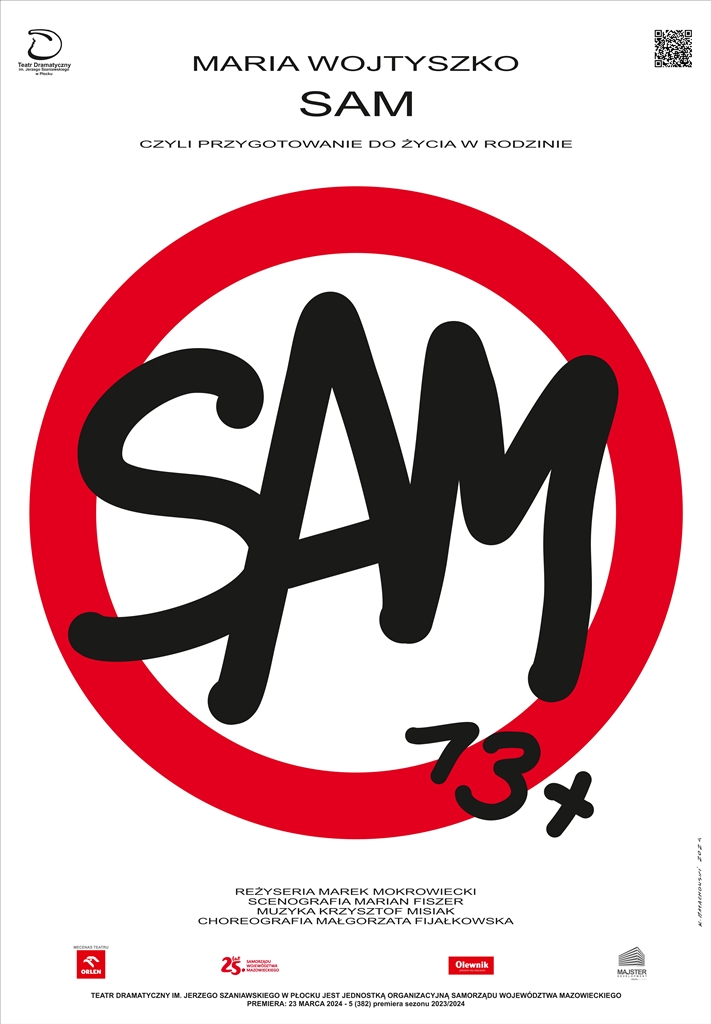 Czarny napis SAM 13+ wpisany w czerwonym okręgu