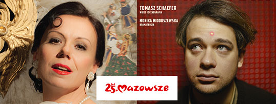 Dwa fragmenty plakatów przedstawiające twarze aktorów grających Mirę Zimińską i Władysława Broniewskiego. Pomiędzy nimi logotyp 25 lat Mazowsze