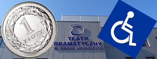 Fasada teatru. Po lewej symbol monety 1 zł. Po prawej ikonka wózka inwalidzkiego.