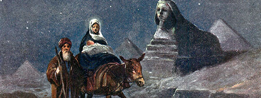 Malowidło przedstawiające Marię trzymającą na rękach dziecko jadącą na osiołku, przy którym z boku po lewej stronie wędruje podpierając się laską Józef. W tle widać sfinksa, a dalej piramidy