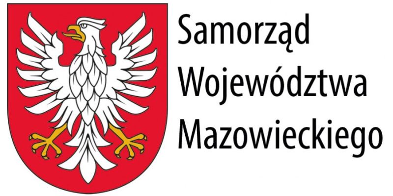 Herb biały orzeł na czerwonym tle napis Samorząd Województwa Mazowieckiego